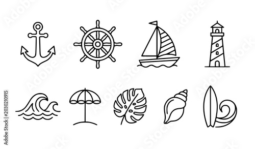 Foto Elegant nautical beach line icon vector set with minimalist ocean and seaside sy