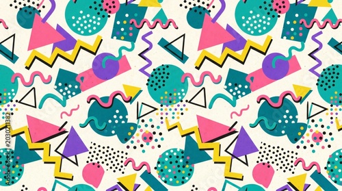 Playful memphis design pattern with bold geometric shapes and splatters, pop art