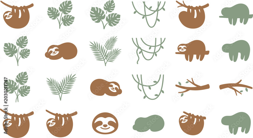 Obraz premium Cute sloths and tropical jungle leaves depicted in a creative flat vector graphic design set