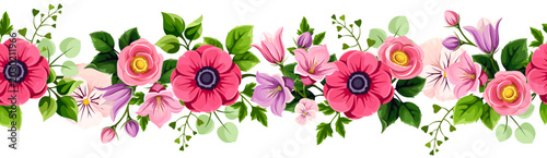 Floral seamless border with red, pink, and purple flowers and green leaves. V...