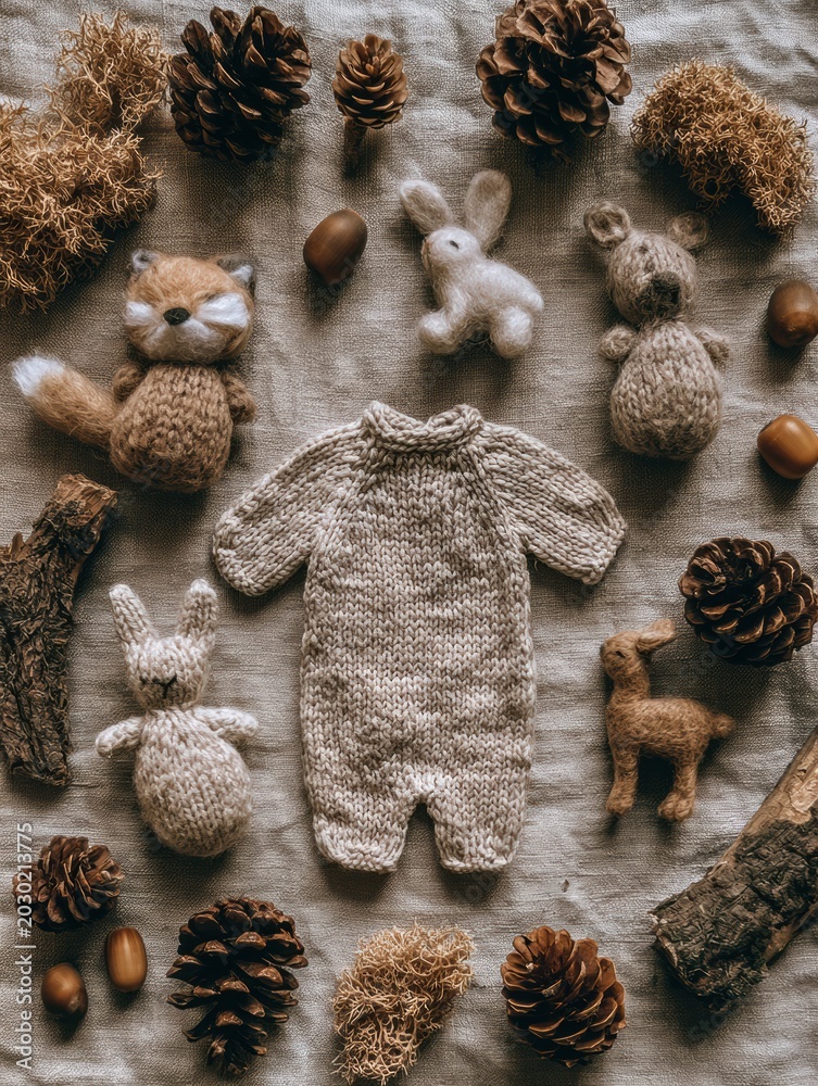 Obraz premium Flat lay captures woodland forest theme for baby shower with plush toys, knit onesie, pine cones, and natural accents on linen.