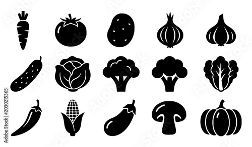 Canvastavla Fresh vegetable silhouette icon vector set with tomato carrot potato onion garli