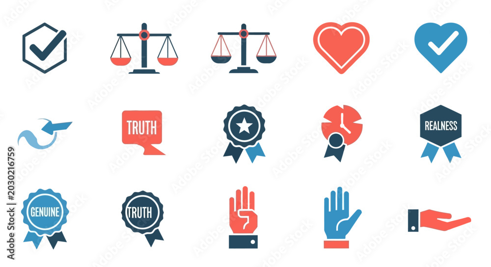 Fototapeta premium Set of Quality, Trust, and Authenticity Icons: Checkmark, Scales, Heart, Truth, Genuine