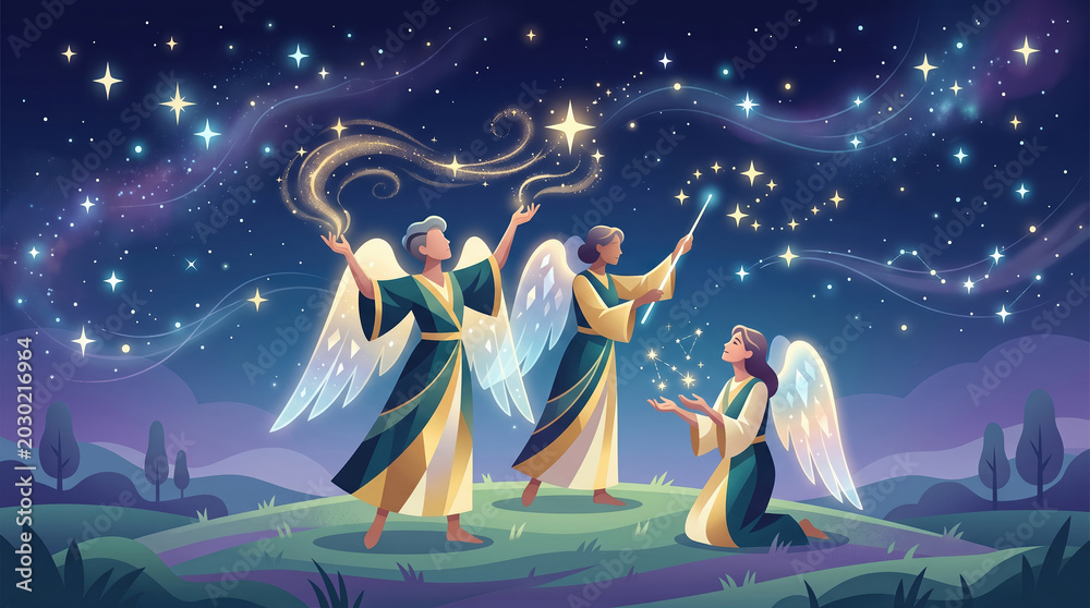 Obraz premium Three angels perform magic in a night scene filled with stars. One angel stirs sparkles in the air, while another holds a wand. A third angel gathers light from below