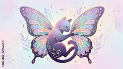 Foto Whimsical cat hugging colorful butterfly wings with sparkles and leaves on a pas