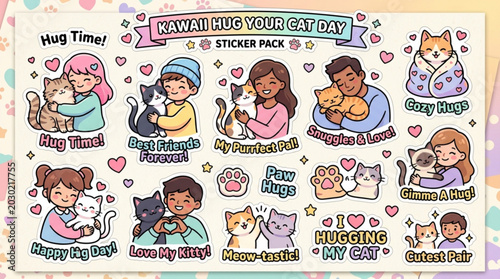 Εκτύπωση καμβά Kawaii hug your cat day sticker pack with cute cartoon characters and heartfelt