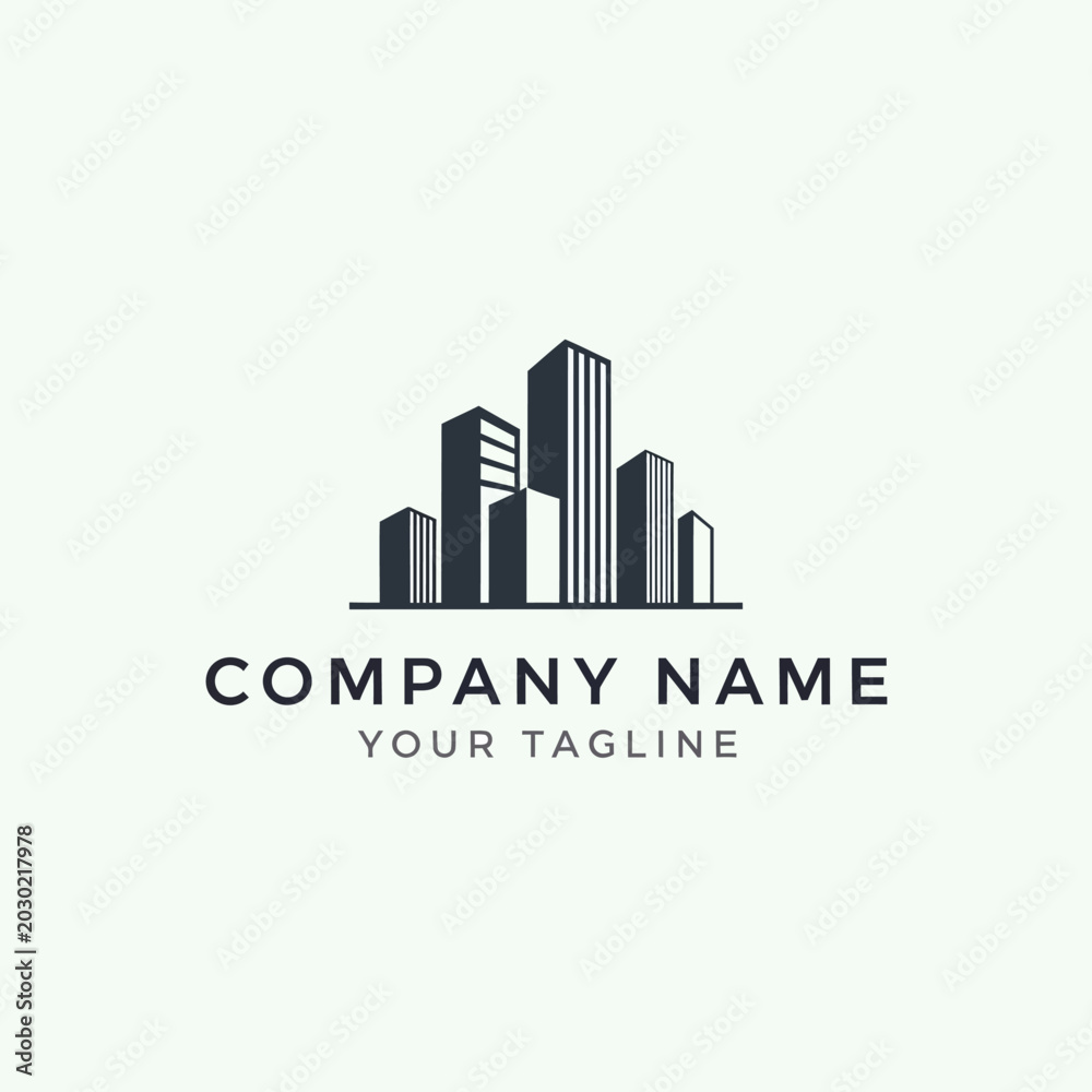Fototapeta premium Modern city skyline logo with company name and tagline for real estate business.