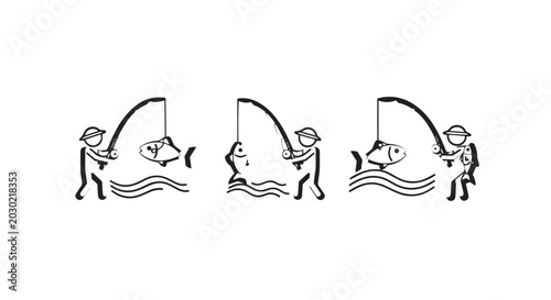 Illustrated sequence of people fishing by the water.