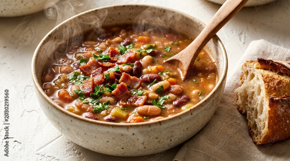 Fototapeta premium Hot bean soup with steam and rustic bread