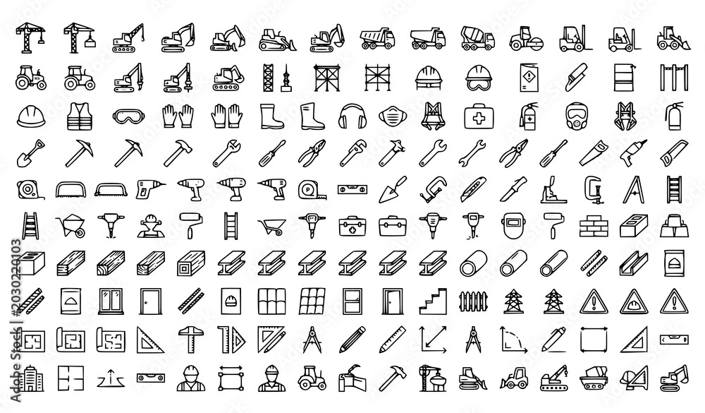 Obraz premium Minimal construction line icon set with 100 building tools and machinery vectors