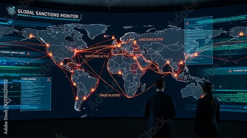 Business professionals observing a digital global sanctions monitor map on a large curved screen in a dark high tech control room environment