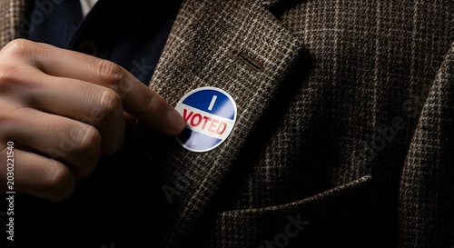 Person in Formal Suit Wearing Voting Sticker on Chest