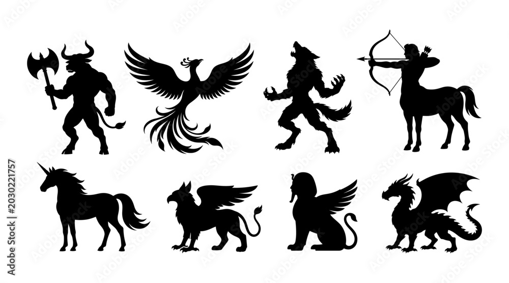 Fototapeta premium Black silhouette icons of mythological creatures, set of 8 vector illustrations of fantasy monsters, ancient legend animal symbols for games and logo design. Vector illustrations isolated on white bac