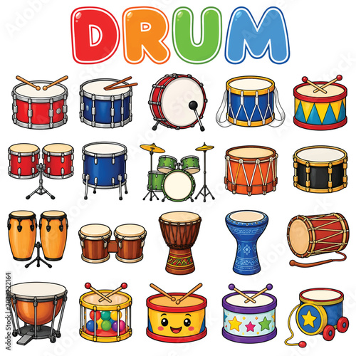Fotografi Drum Icons Set, Musical Instrument Line Art Vector Collection for Music Design
