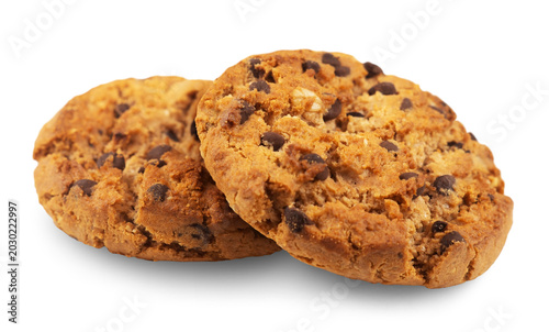 Two oatmeal cookies isolated on a transparent background.