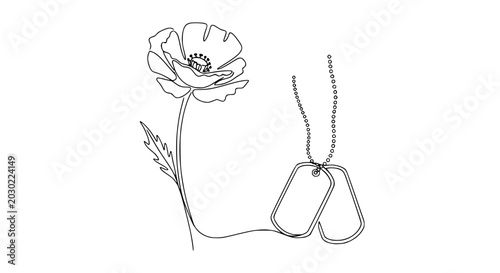 Obraz na płótnie Poppy Flower and Dog Tags, Single Line Drawing, Remembrance, Military, Memorial