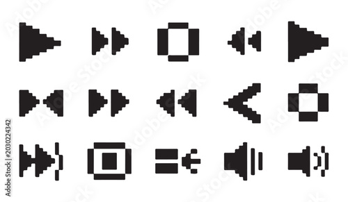 Multimedia playback control pixel art button symbols for audio and video player interface.