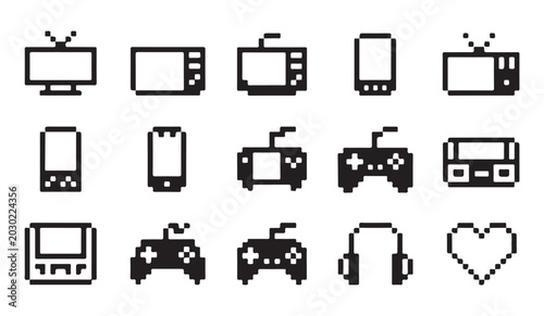 Bild auf Leinwand Set of pixel art icons featuring various retro electronic devices and gaming peripherals isolated on white