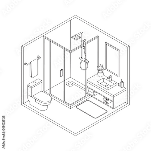 Isometric bathroom interior line drawing on white background