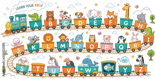 Photography Animal Alphabet Train Vector Illustration with Cute Cartoon Creatures from A to