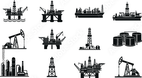 Fotografía Offshore Oil Rig and Industrial Refinery Silhouette Icon Set with Petroleum Dril