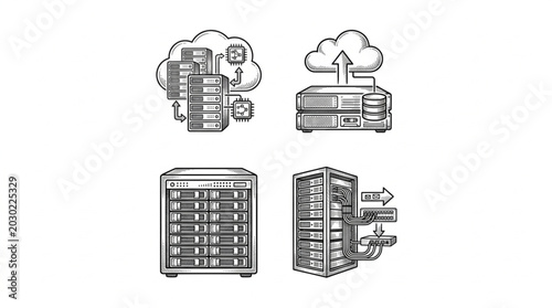 Slika na platnu Server Racks and Cloud Computing Icons.