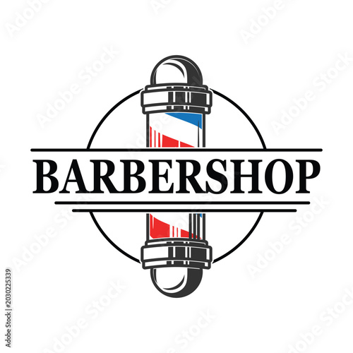Vintage barbershop logo design template featuring a classic barber pole symbol inside a circular frame isolated on a white background.