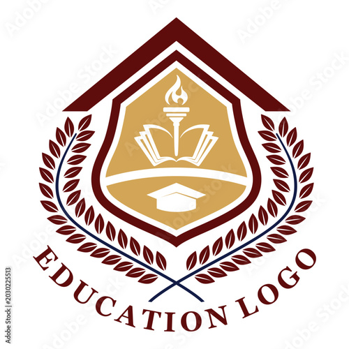 Elegant education logo design template featuring a shield, open book, graduation cap, torch, and laurel wreath for school, university, or academy emblem.
