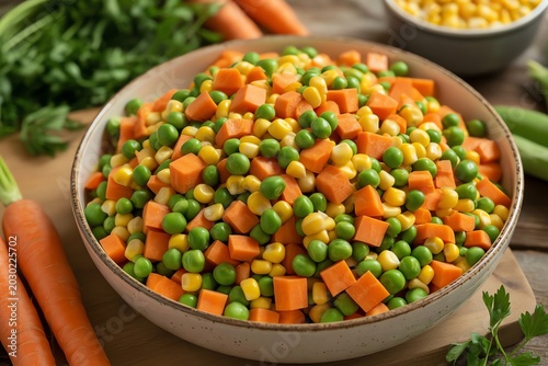 Freshly Diced Mixed Vegetables Bowl: Peas, Corn, and Carrots for Healthy Eating