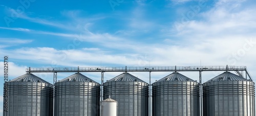 Large industrial grain silos lined up under a bright blue sky with wispy white clouds overhead.