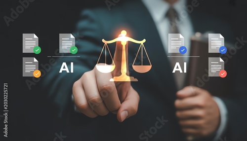 Lawyer's Hand Touches AI Scales of Justice, Document Approval Checks, Modern Legal Technology Concept