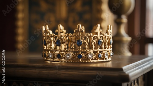 Ornate golden royal crown with blue and clear gemstones, symbol of power, prestige