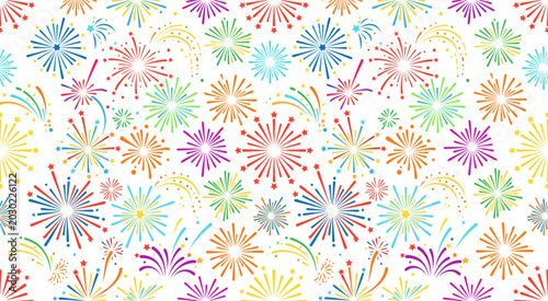 Seamless pattern of colorful fireworks on white background for festive events. Bright and lively firework display forms a festive backdrop. Vector illustration