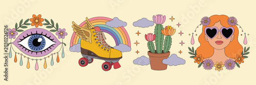 Retro of an evil eye with flowers a winged roller skate a potted cactus and a woman with heart sunglasses