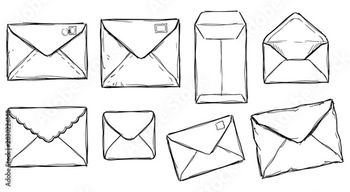 Collection of sketch letters and mail envelopes. Hand drawn doodle post cards, various paper correspondence. Post office and mail vector illustration.