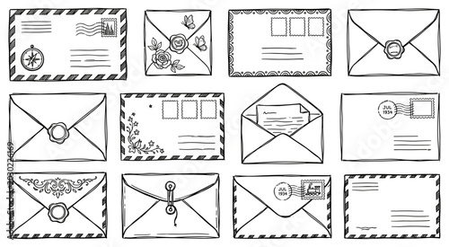 Collection of sketch letters and mail envelopes. Set of sketch letters and mail envelopes hand drawn doodle post cards. Hand drawn post cards, various paper correspondence. Vector illustration.