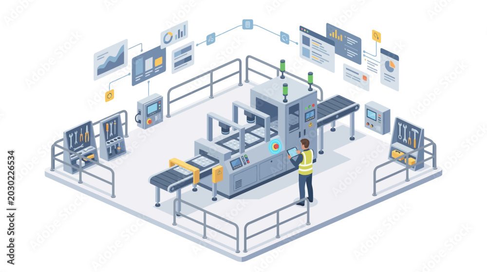 Fototapeta premium Isometric smart factory assembly line with technician monitoring IoT dashboards, automated conveyor machinery and manufacturing analytics for Industry 4.0 digital transformation