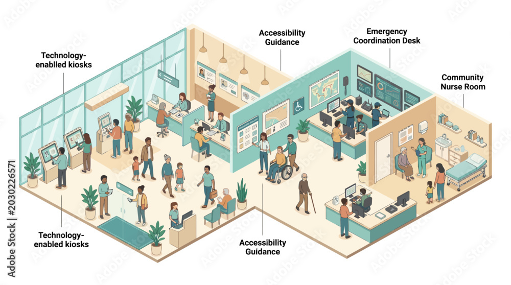 Fototapeta premium Isometric smart hospital clinic scene showing patient check-in kiosks, accessibility support and emergency coordination for modern healthcare digital transformation