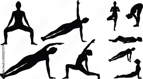 Set of yoga and pilates silhouettes vector illustration featuring various fitness poses for wellness, health, and flexibility concepts