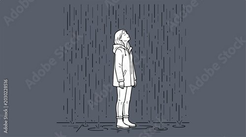 A young person standing in the rain wearing a hooded jacket.