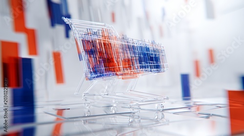 Abstract glass shopping cart with motion blur red and blue stock market bar charts background finance concept