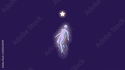 Abstract illustration of a glowing human soul ascending towards a bright star.