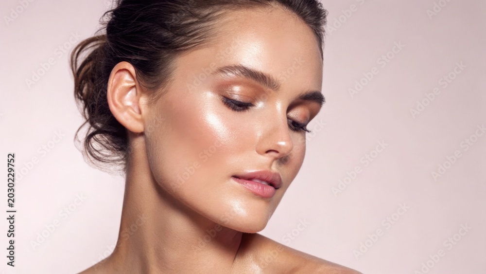 Fototapeta premium A close-up portrait of a woman with glowing skin, subtle makeup, and a serene expression against a soft pink background.