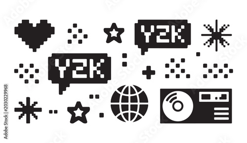 Photos Retro y2k pixel art design elements with nostalgic tech icons and decorative vector shapes