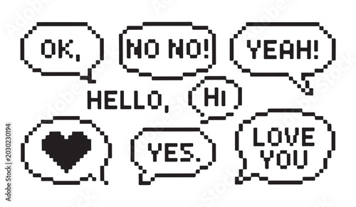 Photos Pixel art speech bubbles with text saying OK, NO NO!, YEAH!, HELLO, HI, YES