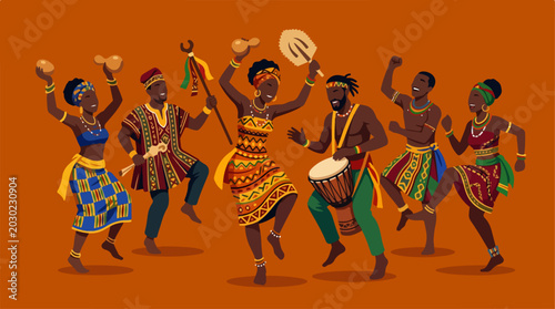 Group of African people performing a traditional dance.