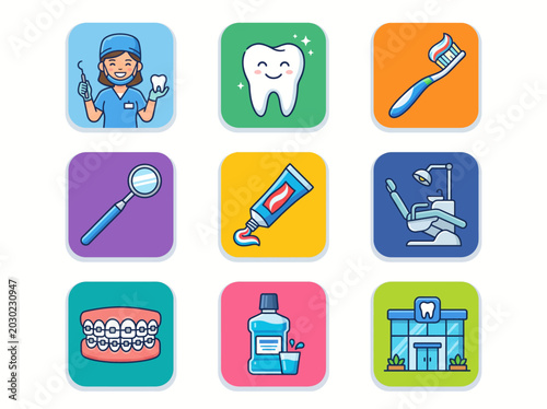 A collection of colorful cartoon icons representing various aspects of dentistry and oral hygiene, including a dentist, tooth, toothbrush, toothpaste, dental chair, braces, mouthwash, and a clinic.