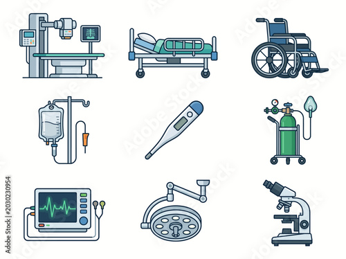A collection of various medical equipment and hospital supplies icons.