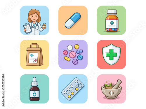 Collection of nine cartoon-style icons representing various aspects of medicine, pharmacy, and healthcare, including a pharmacist, pills, bottles, and a mortar and pestle.