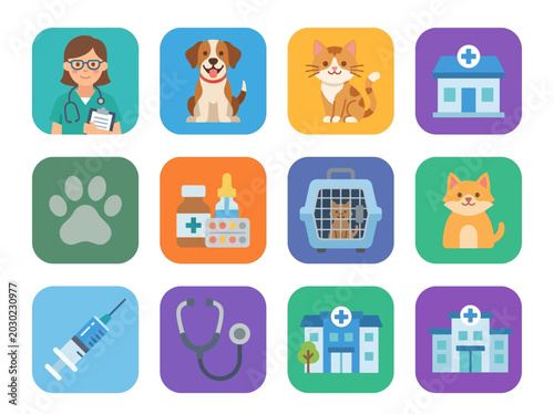 A collection of twelve flat design icons representing veterinary care, pets, and medical supplies.